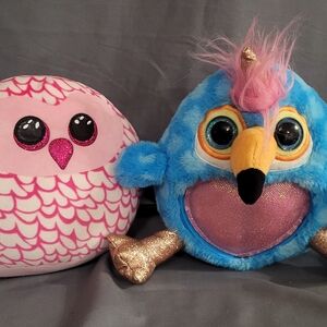 Ty Plush Owl and Bird Toy Set - Pink and Blue
